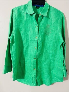 Lauren Ralph Lauren Preppy Linen Button Down Crest Shirt Green Sz L